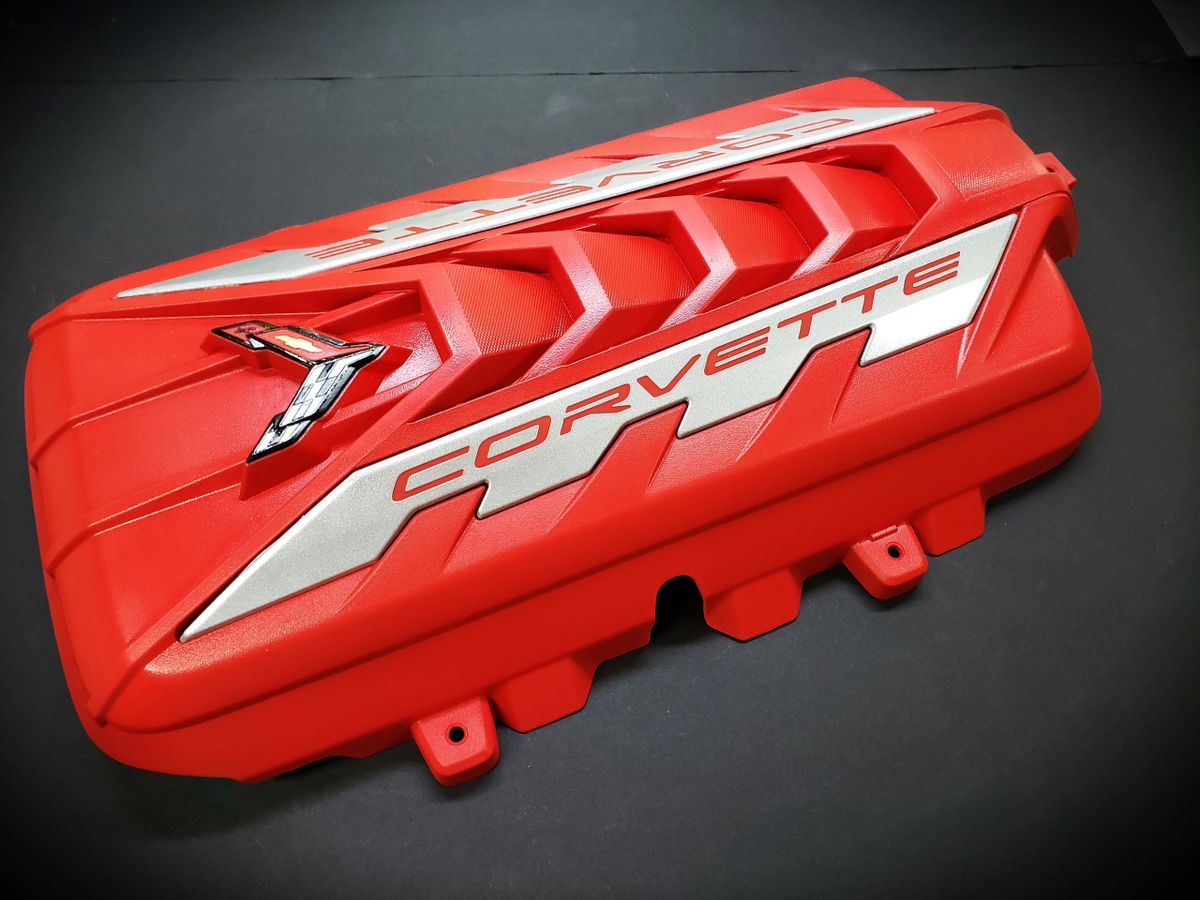 C8 CORVETTE ENGINE COVER ADRENALINE RED SILVER METALLIC RAILS RED